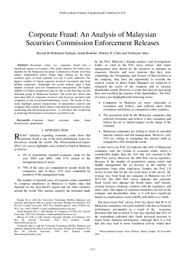 (PDF) Corporate Fraud: An Analysis Of Malaysian Securities Commission ...