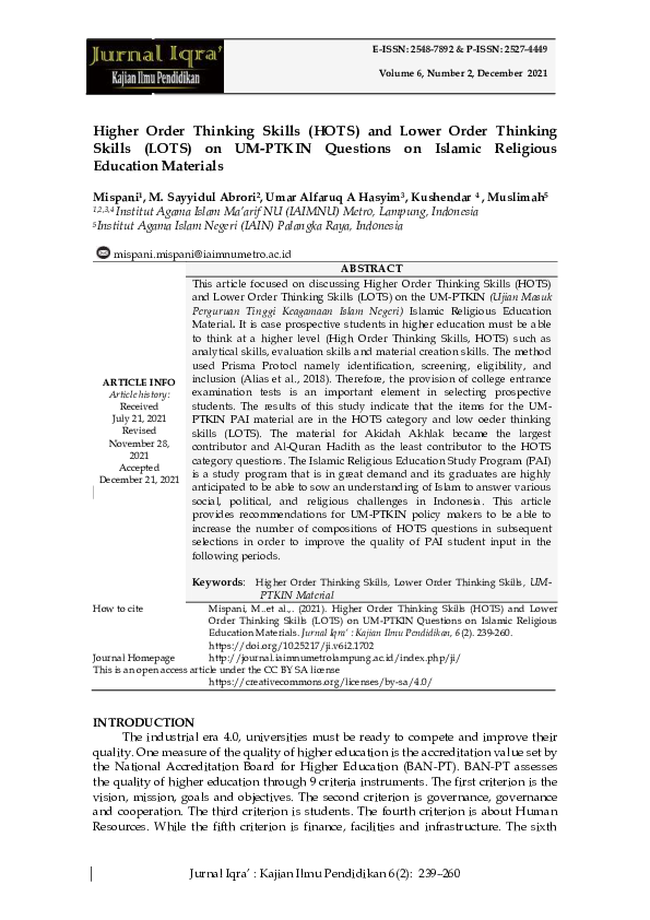 (PDF) Higher Order Thinking Skills (HOTS) and Lower Order Thinking ...