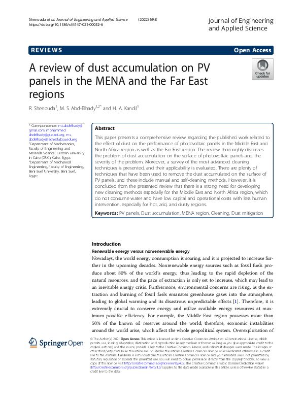 (PDF) A review of dust accumulation on PV panels in the MENA and the ...