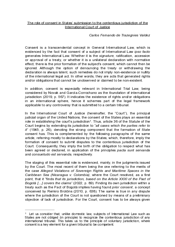(PDF) The role of consent in States' submission to the contentious ...