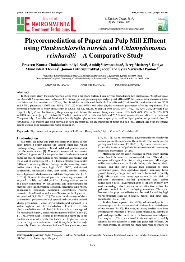 (PDF) Phycoremediation of Paper and Pulp Mill Effluent using ...