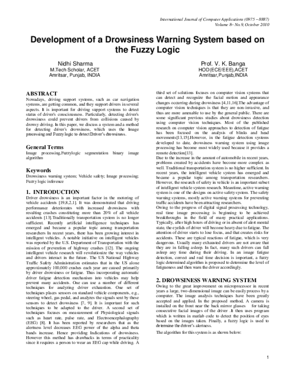 (PDF) Development of a drowsiness warning system based on the fuzzy logic