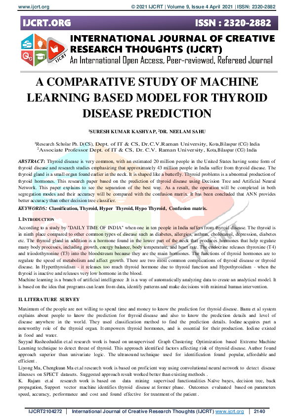 (PDF) A Comparative Study of Machine Learning Based Model for Thyroid ...