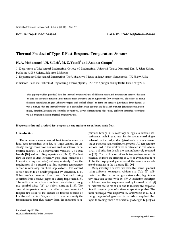 (PDF) Thermal product of type-E fast response temperature sensors