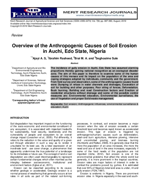 (PDF) Overview of the Anthropogenic Causes of Soil Erosion in Auchi ...