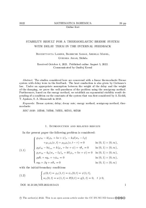 (PDF) Stability result for a thermoelastic Bresse system with delay ...