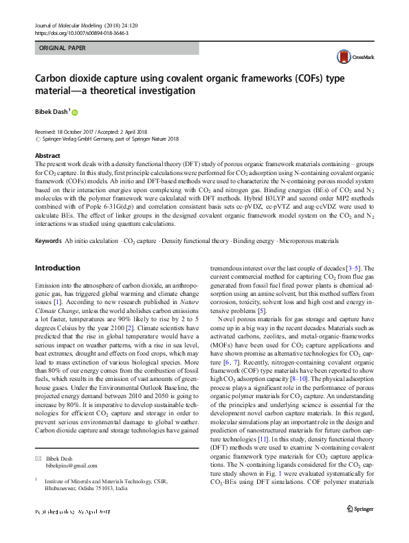 (PDF) Carbon dioxide capture using covalent organic frameworks (COFs ...
