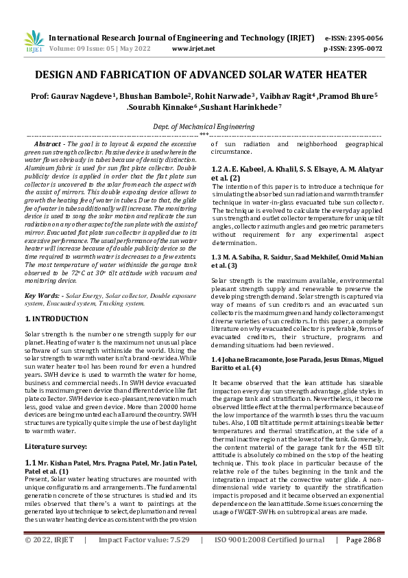 (PDF) DESIGN AND FABRICATION OF ADVANCED SOLAR WATER HEATER IRJET