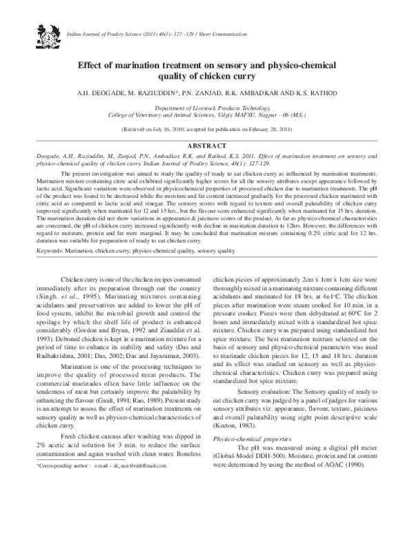 (PDF) Effect of marination treatment on sensory and physico-chemical ...