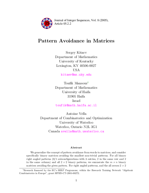 (PDF) Pattern avoidance in matrices | Toufik Mansour - Academia.edu