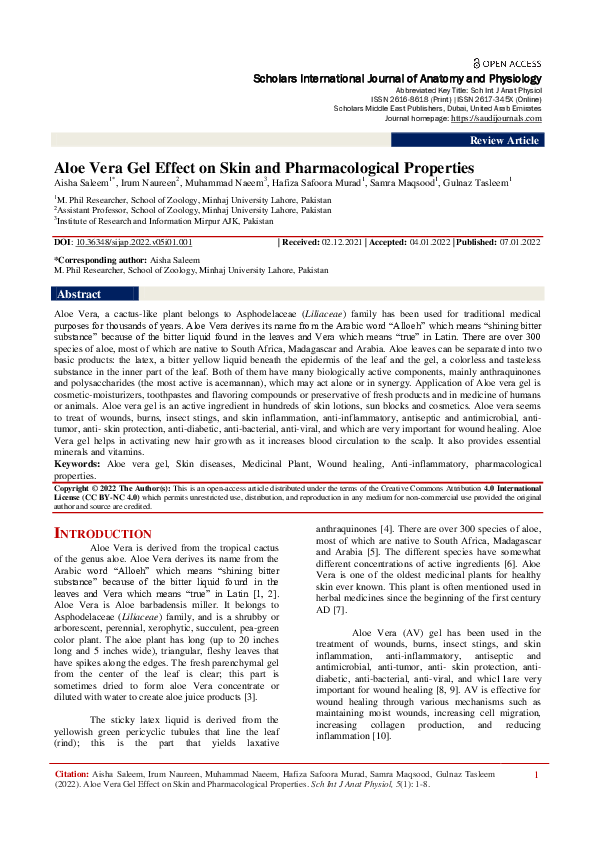 (PDF) Aloe Vera Gel Effect on Skin and Pharmacological Properties