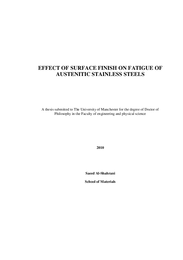 (PDF) Effect of surface finish on fatigue of austenitic stainless steels
