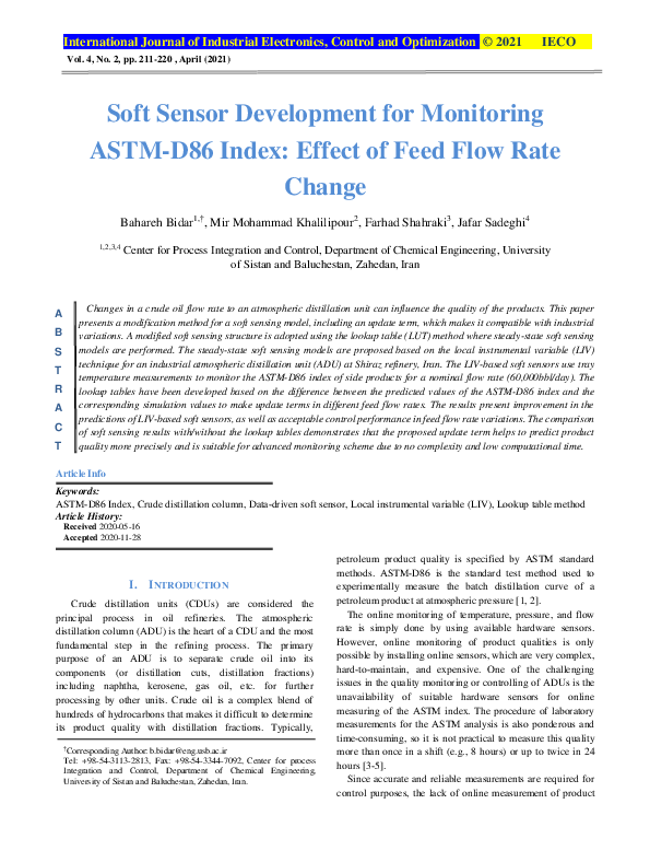 (PDF) Soft Sensor Development for Monitoring ASTM-D86 Index: Effect of ...