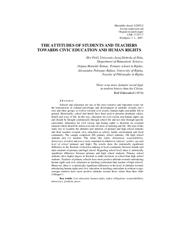 (PDF) The Attitudes of Students and Teachers Towards Civic Education ...