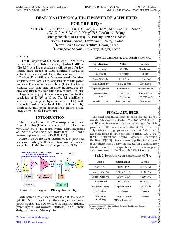 (PDF) Design Study on a High Power RF Amplifier for the RFQ Jungbae