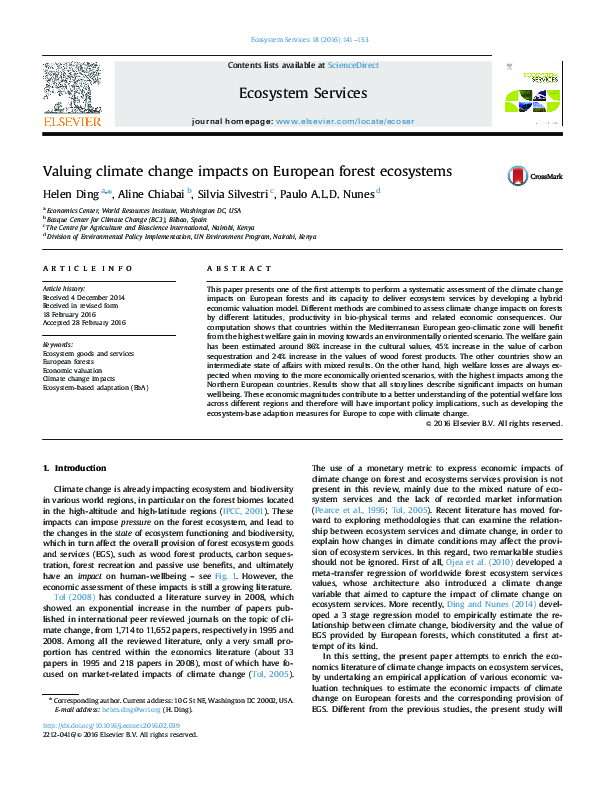 (PDF) Valuing climate change impacts on European forest ecosystems