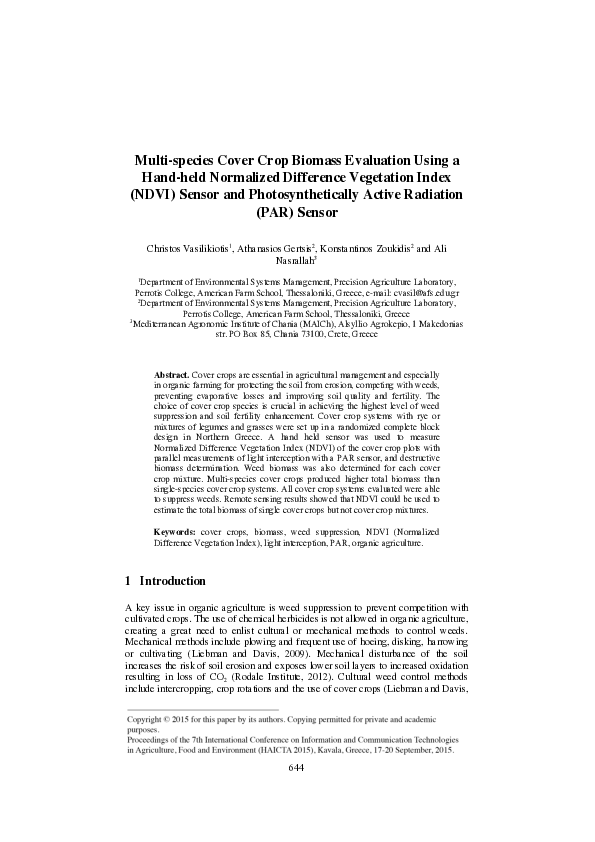 (PDF) Multi-species Cover Crop Biomass Evaluation Using a Hand-held ...