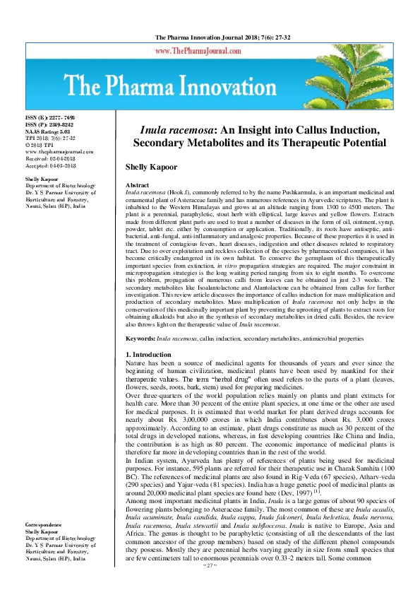 Inula racemosa: An Insight into Callus Induction, Secondary Metabolites ...