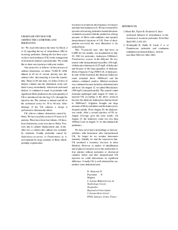 (PDF) Urokinase Infusion for Obstructed Catheters and Peritonitis C