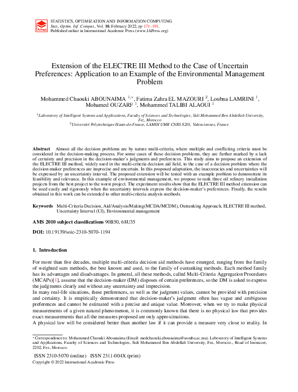 (PDF) Extension of the ELECTRE III Method to the Case of Uncertain ...