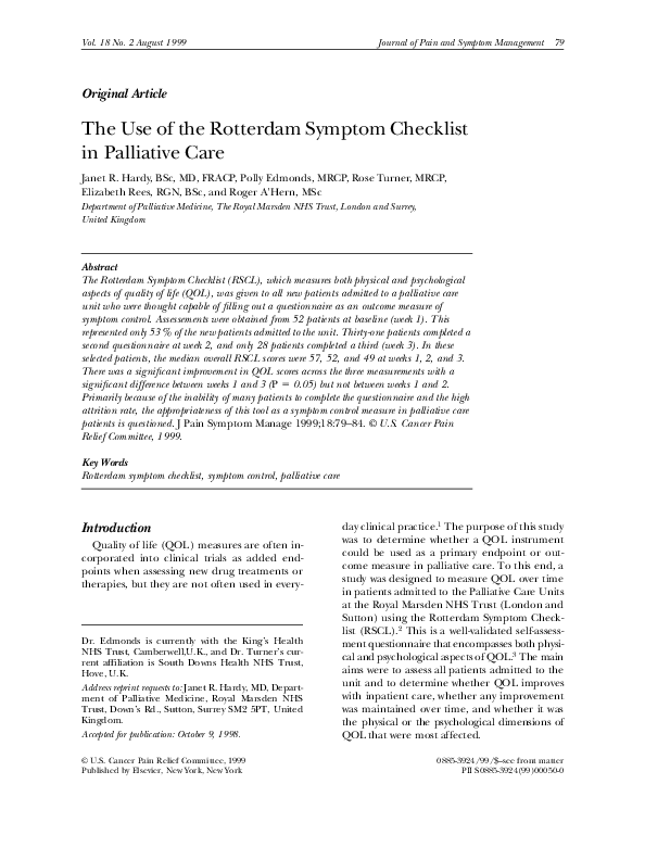 (PDF) The Use of the Rotterdam Symptom Checklist in Palliative Care