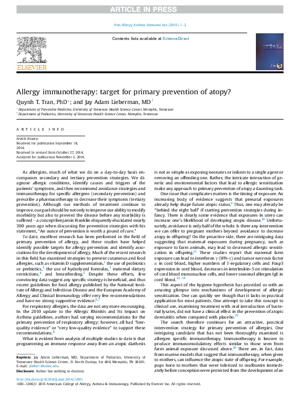 (PDF) Allergy immunotherapy: target for primary prevention of atopy?