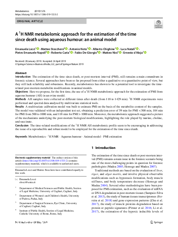 (PDF) A 1H NMR metabolomic approach for the estimation of the time ...