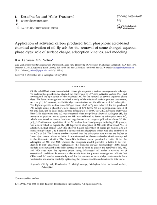 (PDF) Application of activated carbon produced from phosphoric acid ...