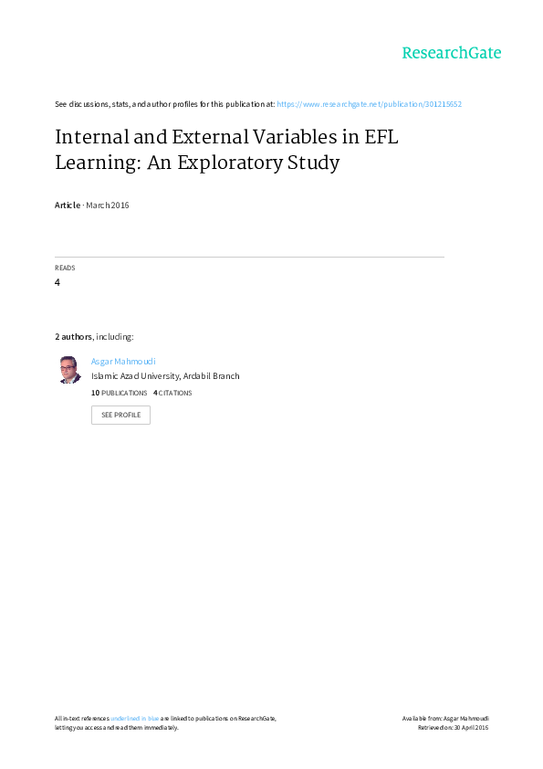 (PDF) Internal and External Variables in EFL Learning: An Exploratory Study