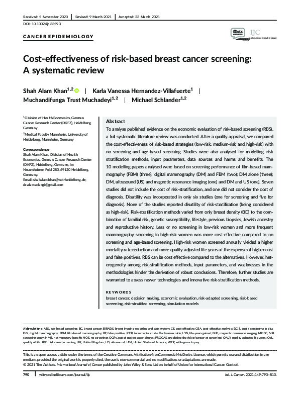 (PDF) Cost‐effectiveness of risk‐based breast cancer screening: A ...