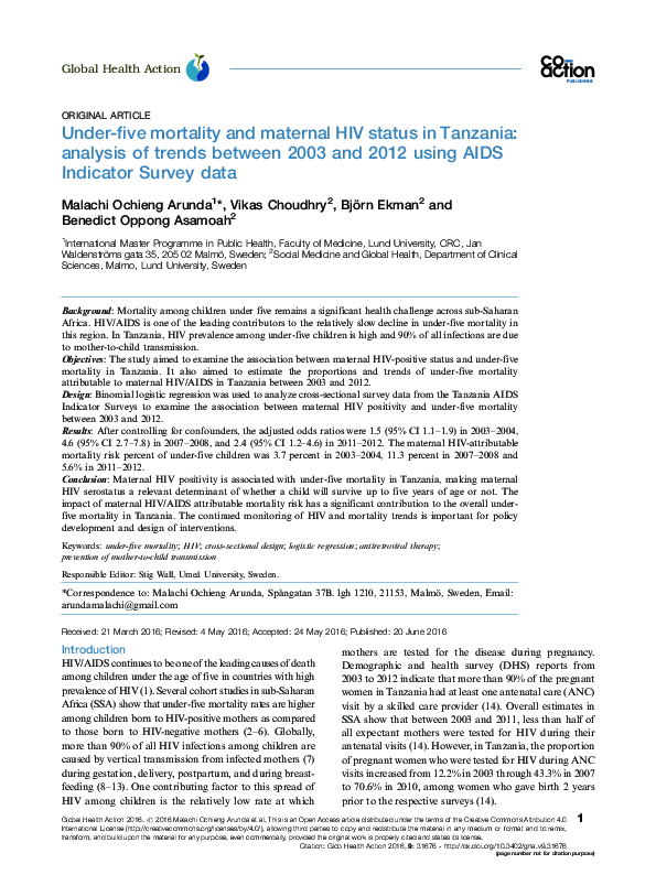 (PDF) Under-five mortality and maternal HIV status in Tanzania ...