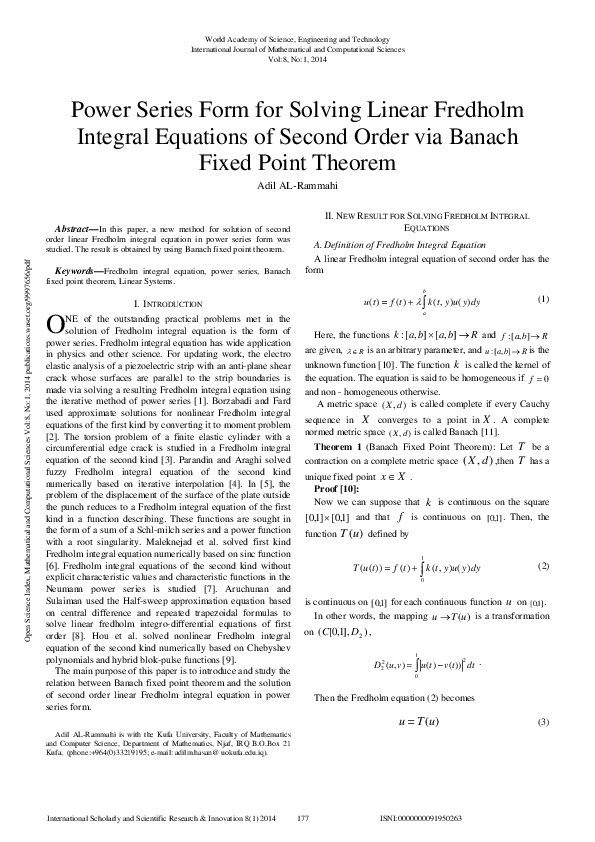 (PDF) Power Series Form For Solving Linear Fredholm Integral Equations ...