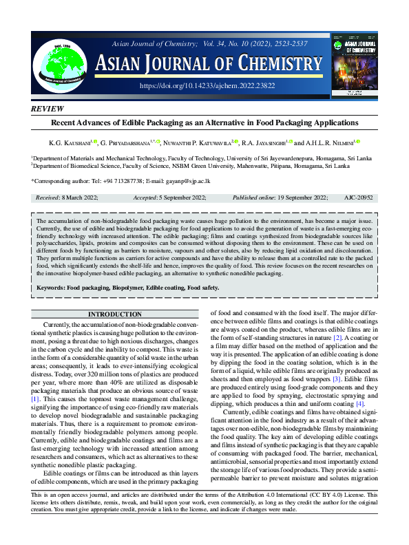 (PDF) Recent Advances of Edible Packaging as an Alternative in Food ...