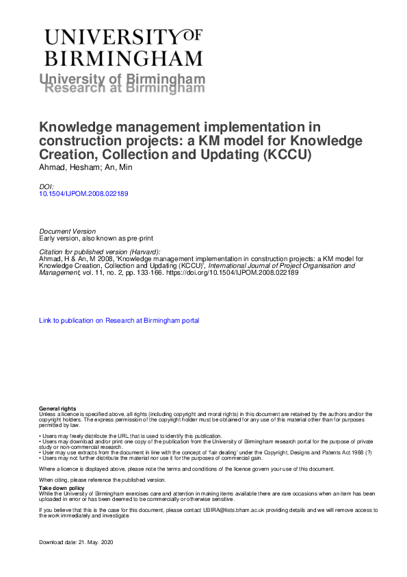 (PDF) Knowledge management implementation in construction projects: a ...