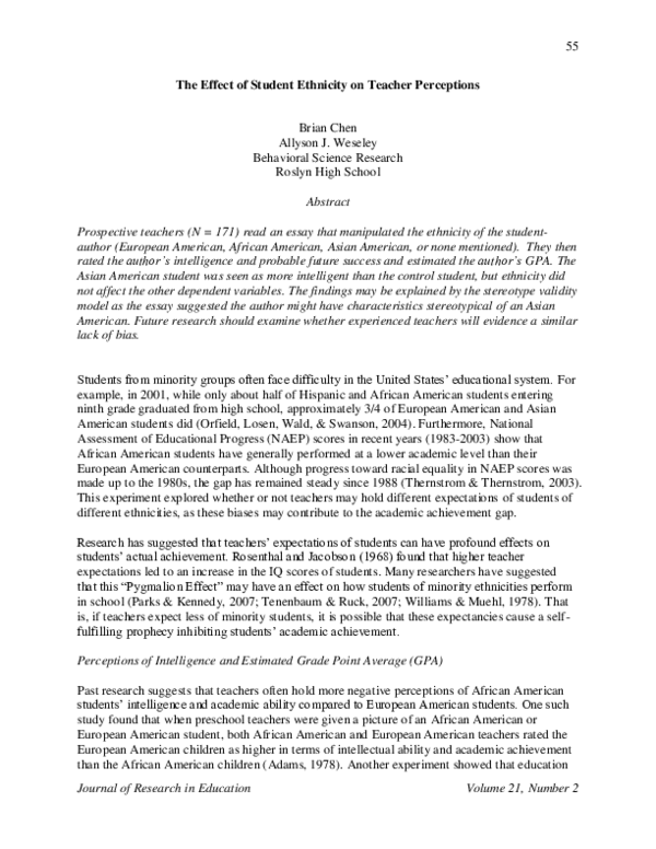 (PDF) The Effect of Student Ethnicity on Teacher Perceptions