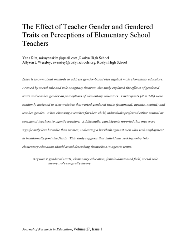 (PDF) The Effect of Teacher Gender and Gendered Traits on Perceptions ...