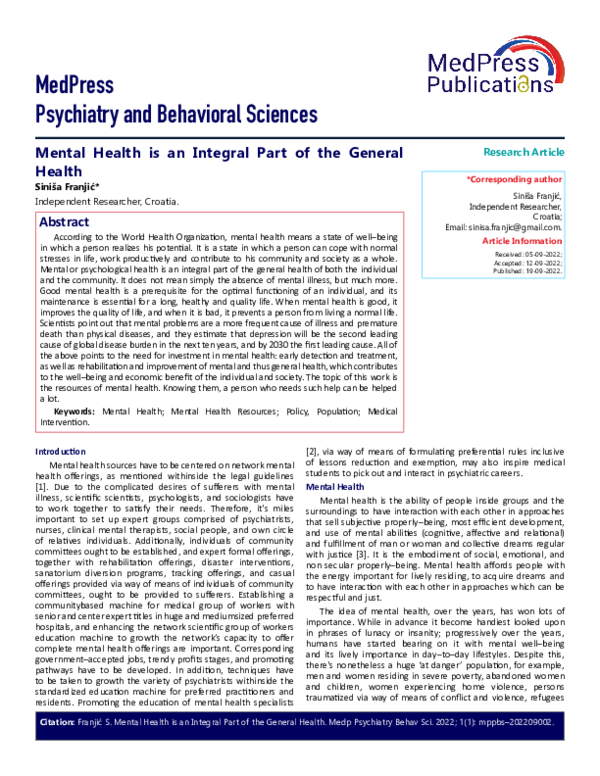 (PDF) Mental Health is an Integral Part of the General Health