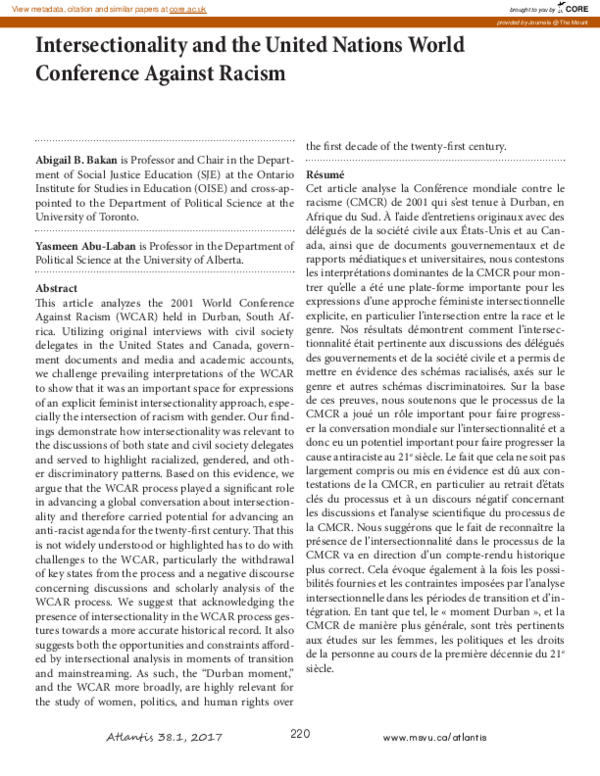 (PDF) Intersectionality and the United Nations World Conference Against