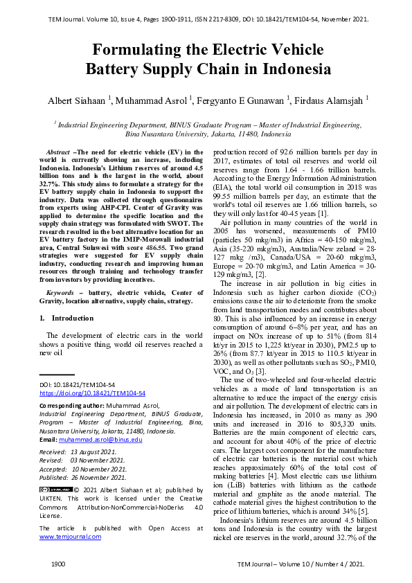 (PDF) Electric Vehicle Battery Supply Chain in Indonesia