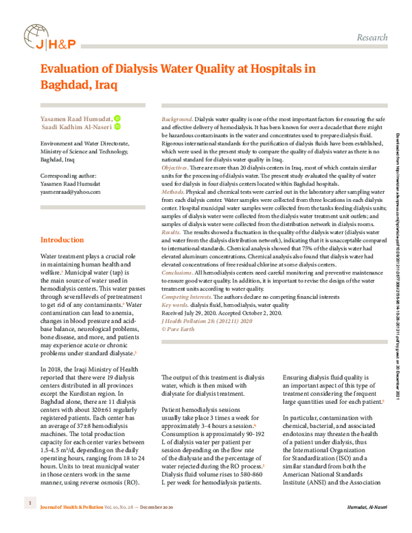 (PDF) Evaluation of Dialysis Water Quality at Hospitals in Baghdad