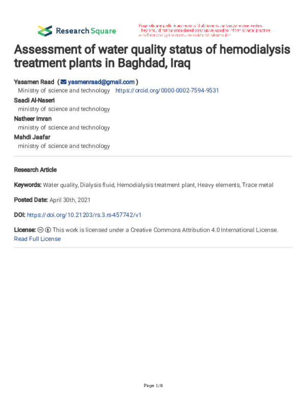 (PDF) Assessment of water quality status of hemodialysis treatment