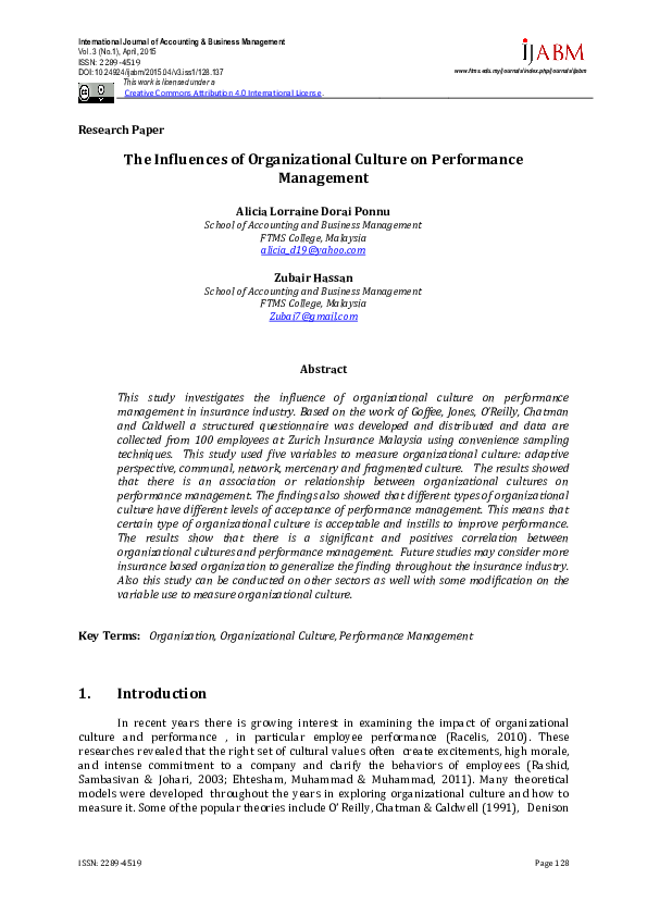 (PDF) The Influences of Organizational Culture on Performance Management