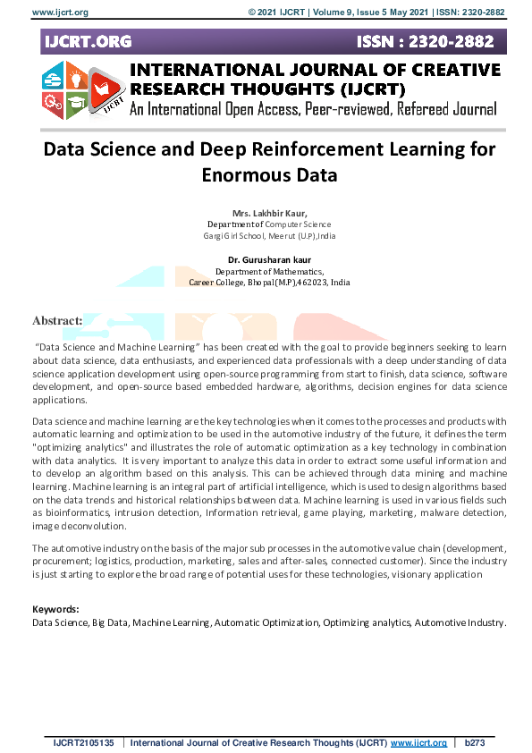 (PDF) Data Science and Deep Reinforcement Learning for Enormous Data