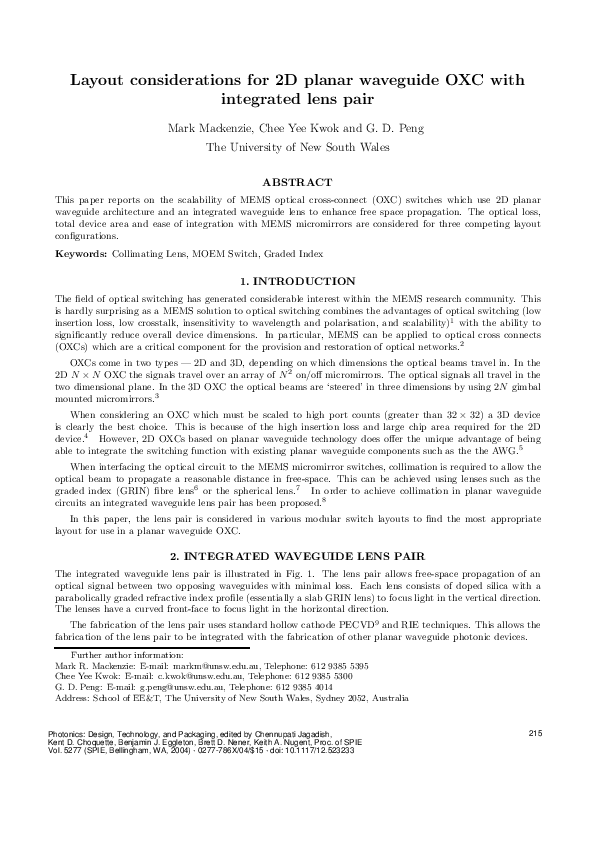 (PDF) Scalable MEMS Optical Cross-connect with 2D Waveguide Layouts