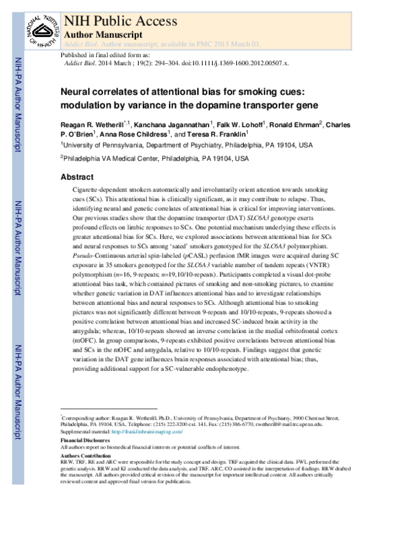 (PDF) Neural correlates of attentional bias for smoking cues ...