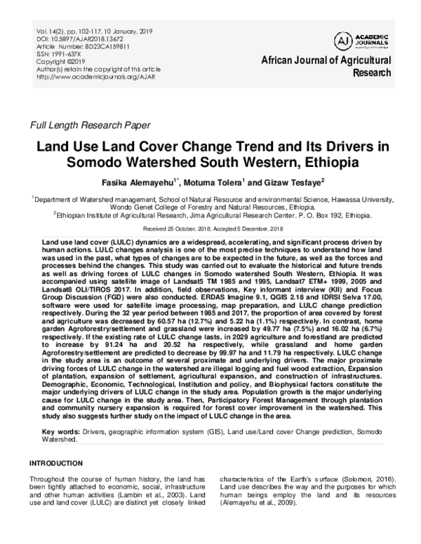 (PDF) Land Use Land Cover Change Trend and Its Drivers in Somodo ...