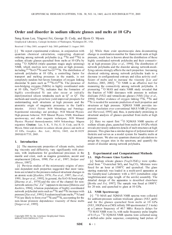 (PDF) Order and disorder in sodium silicate glasses and melts at 10 GPa