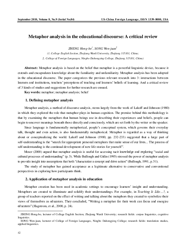 (PDF) Metaphor analysis in the educational discourse: A critical review