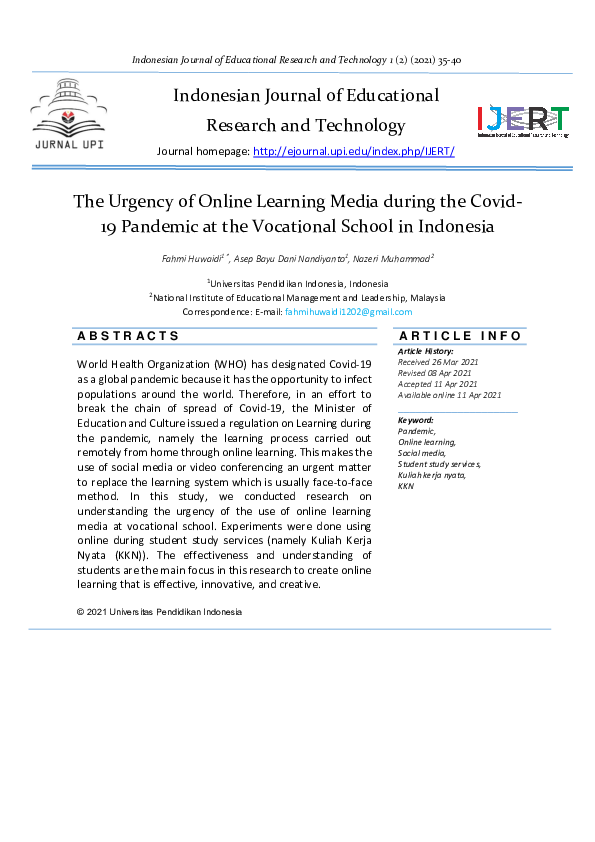 (PDF) The Urgency of Online Learning Media during the Covid-19 Pandemic ...