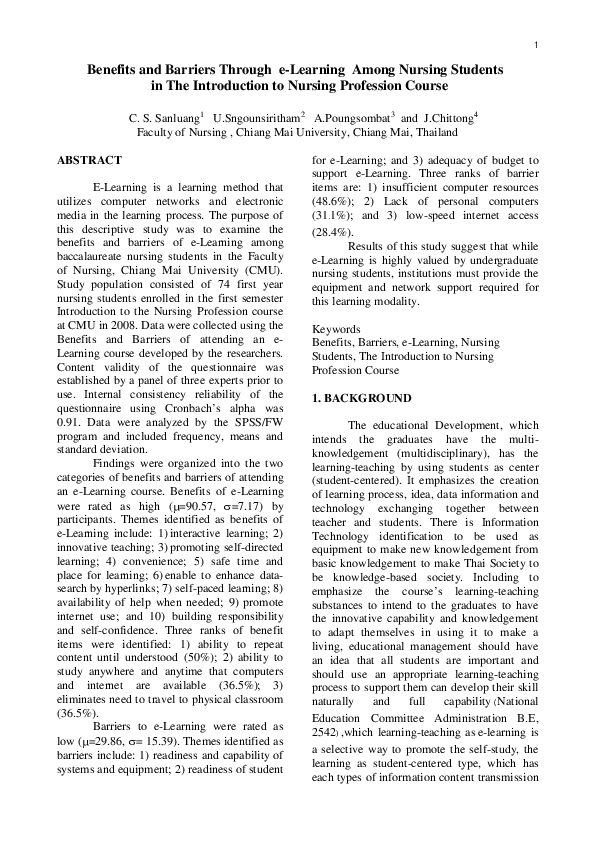 (PDF) Benefits and Barriers Through e-Learning Among Nursing Students ...